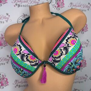 Shade & shore bikini top paisley print tassle bright dotted gold beads 34DD boho